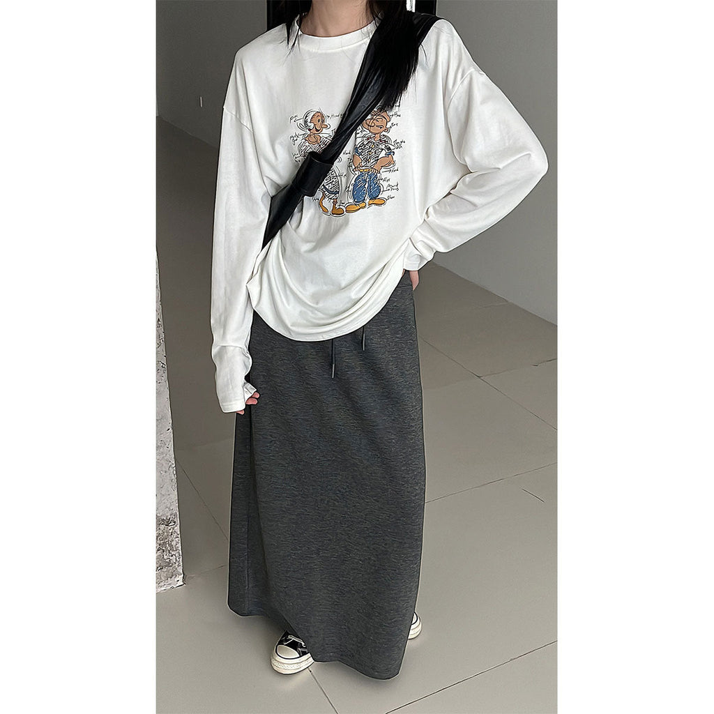 Commutingcasual lazy high waist drawstring skirt autumnew arrivaldrapedstripes slit long skirt