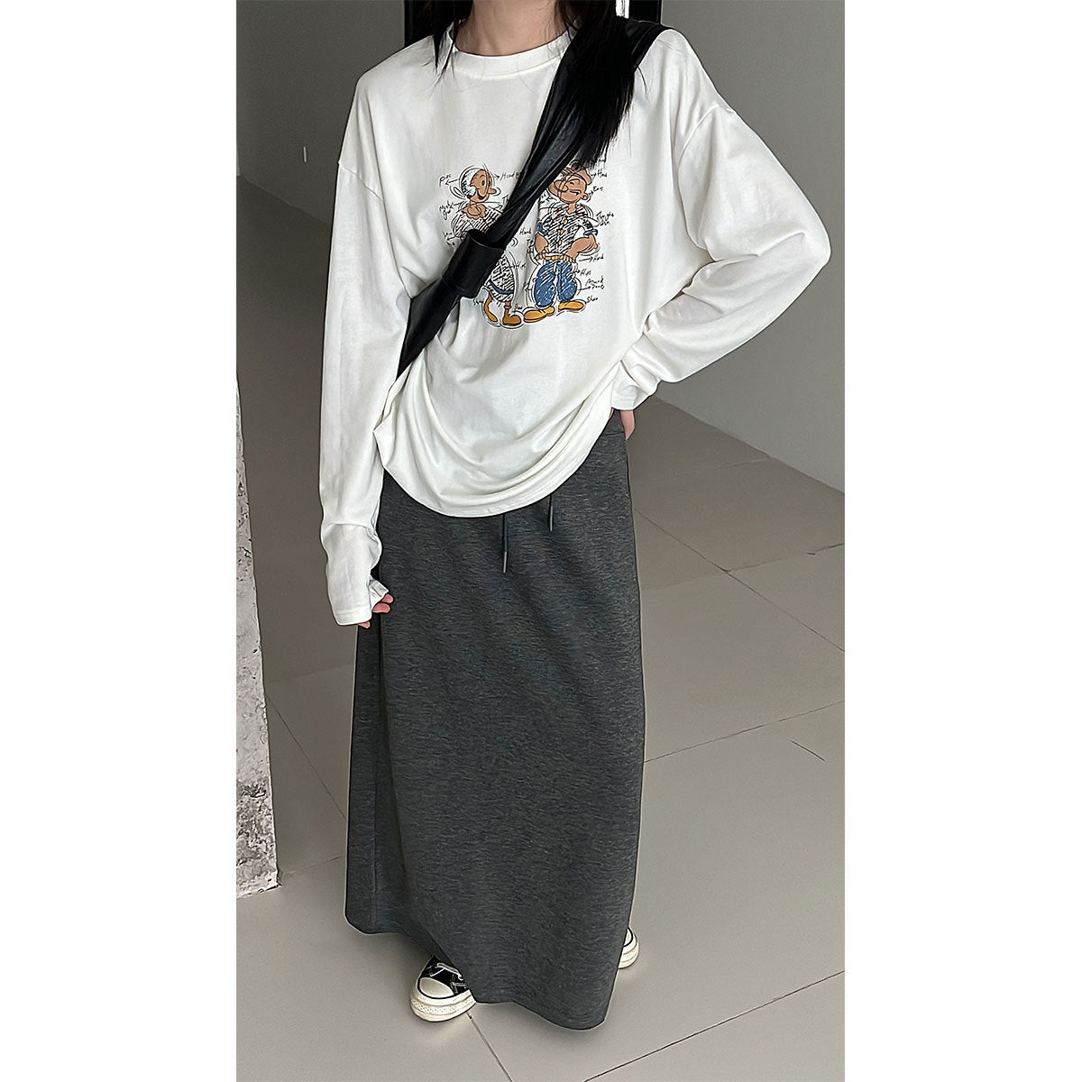 Commutingcasual lazy high waist drawstring skirt autumnew arrivaldrapedstripes slit long skirt