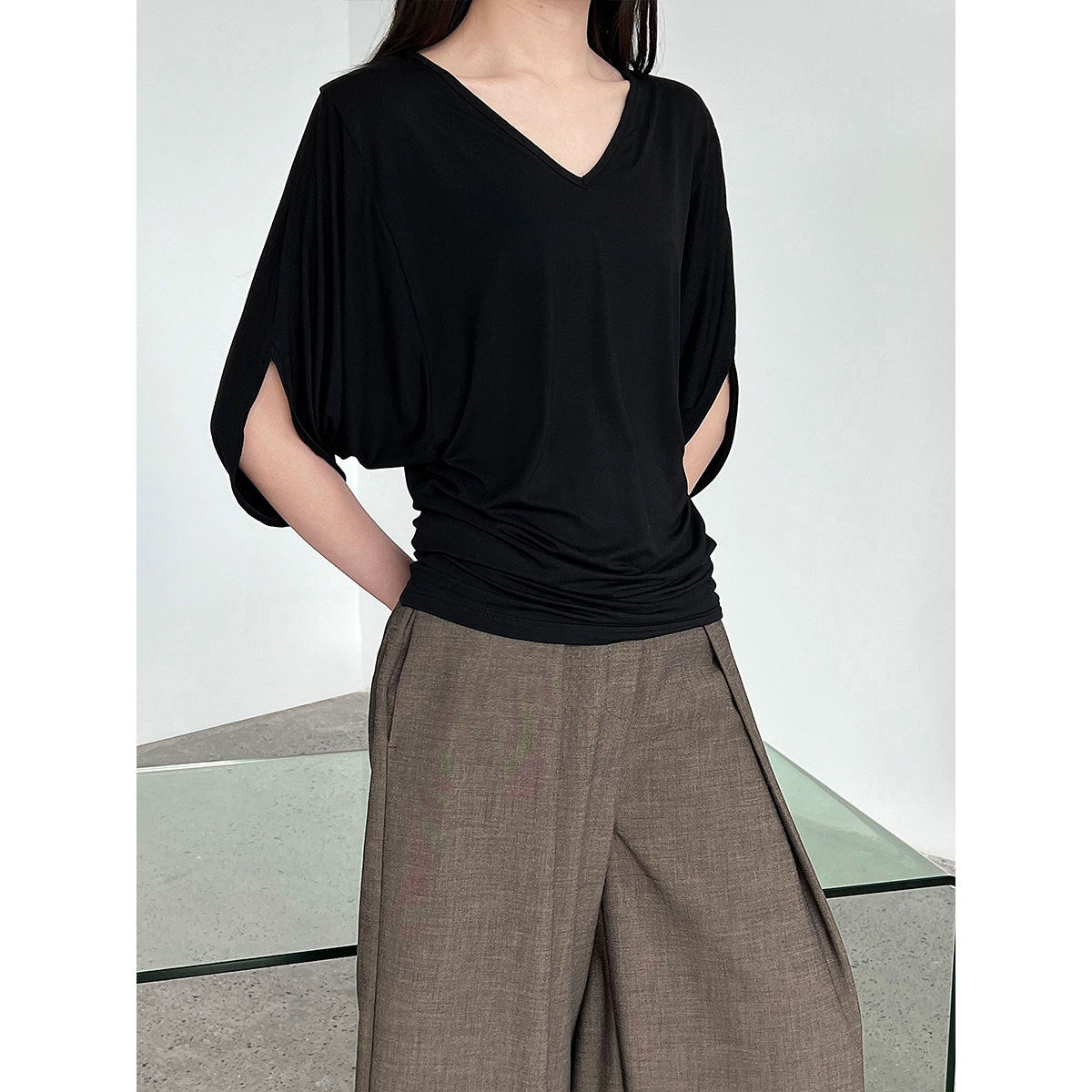 Korean Lazy Wind V-Neck Waist Bat Sleeve T-Shirt Women's Summer New Skinny Short Sleeve Top