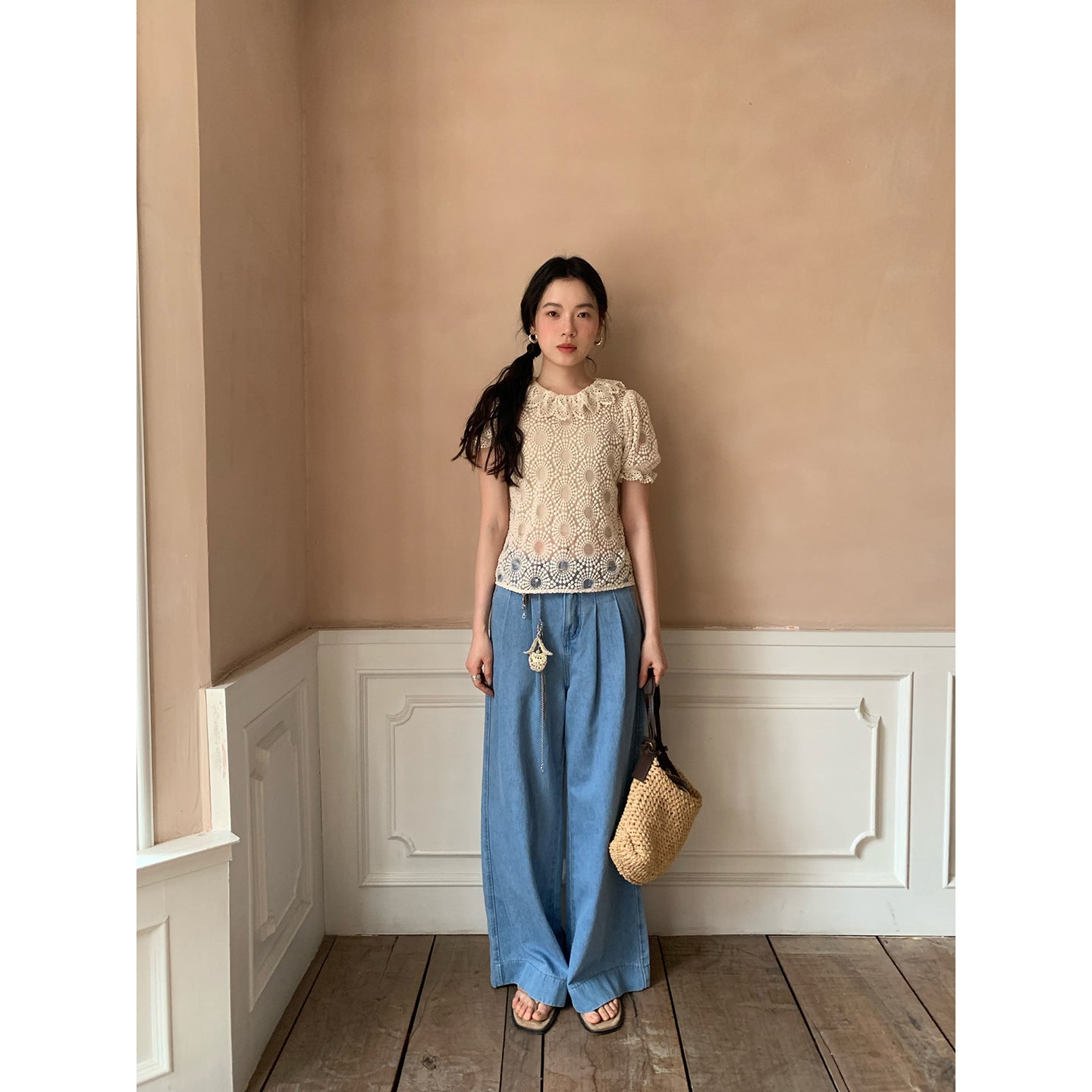 French-style foreign-style hollow-out perspective texture crochet lace shirt