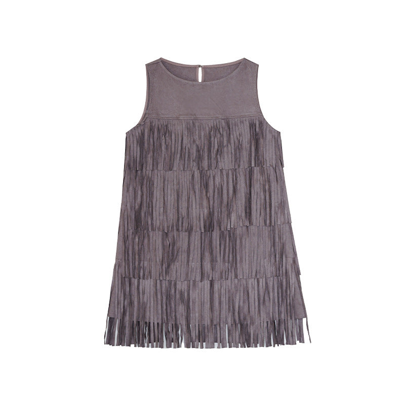 Bohemian temperament heavy industry fringed sleeveless vest dress