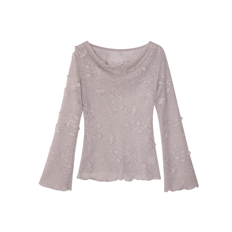 Hollow heavy industry jacquard swing neck long-sleeved bottoming shirt top