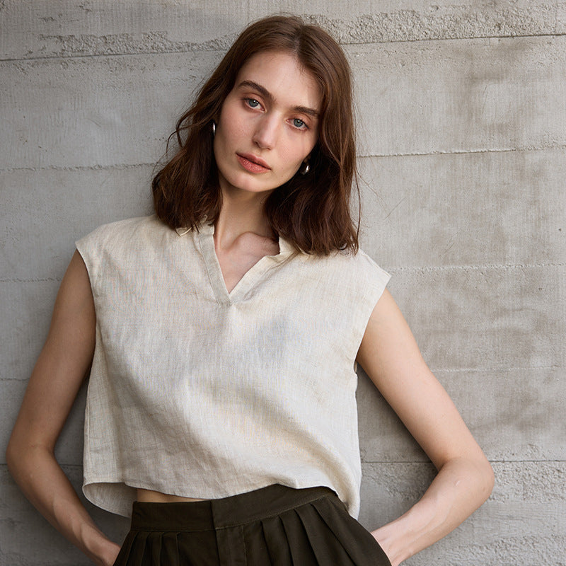 Pure Linen Sleeveless Shirt with Collar