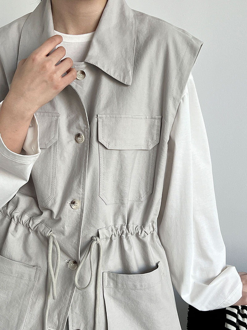 American design tooling style vest women's autumn new drawstring waist pocket sleeveless top