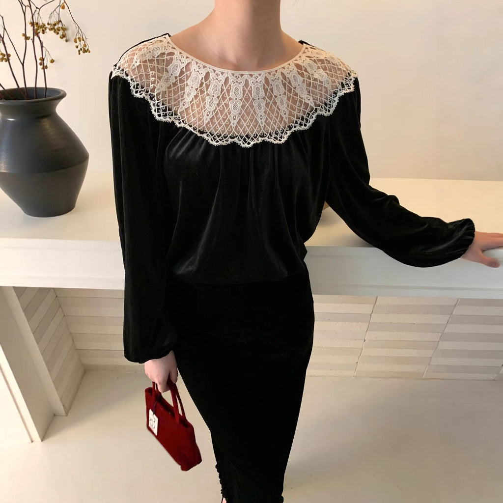 Velvet Shirt Lace Hollow Crew Neck Long Sleeve Sweater