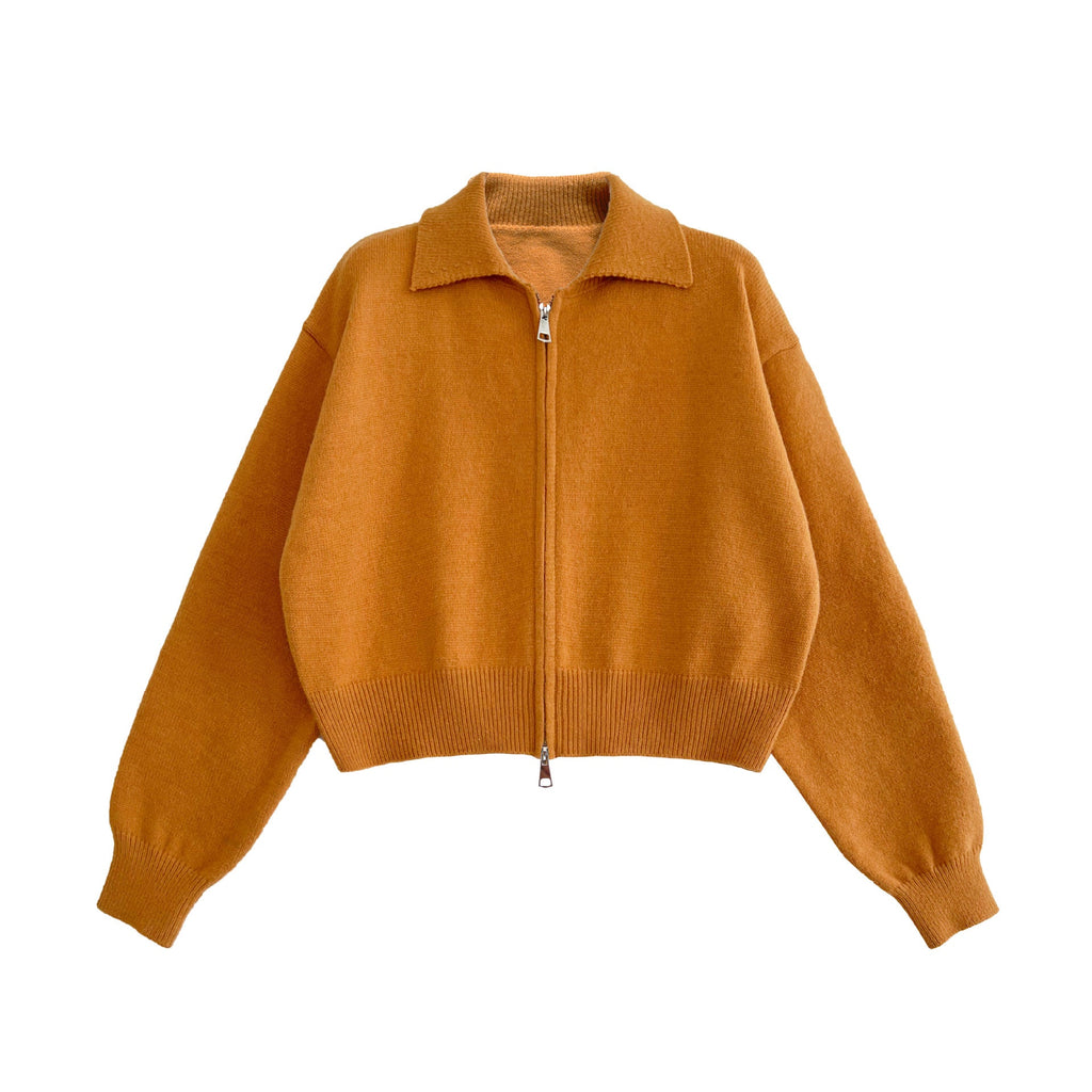 High-end short double zipper sweater jacket women's autumn knit cardigan polo lapel top