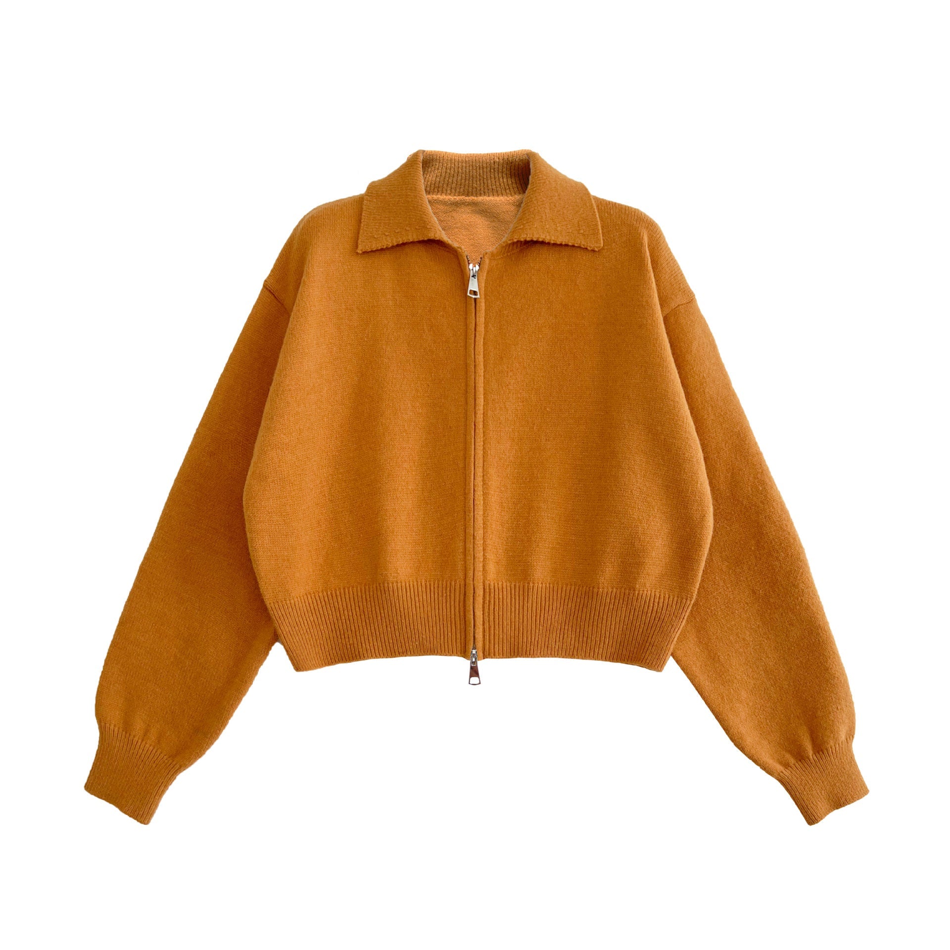 High-end short double zipper sweater jacket women's autumn knit cardigan polo lapel top