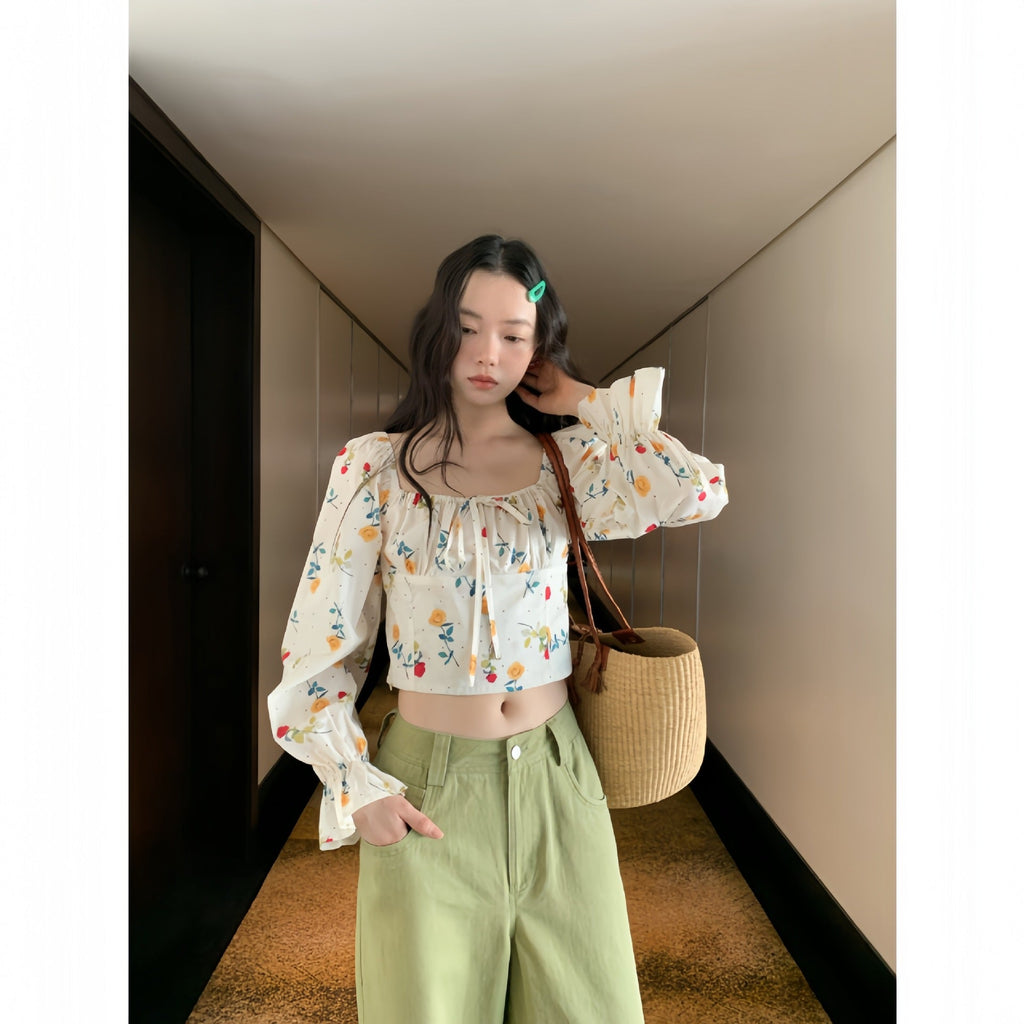 Fashion Slim Flared Sleeve Floral Short Top