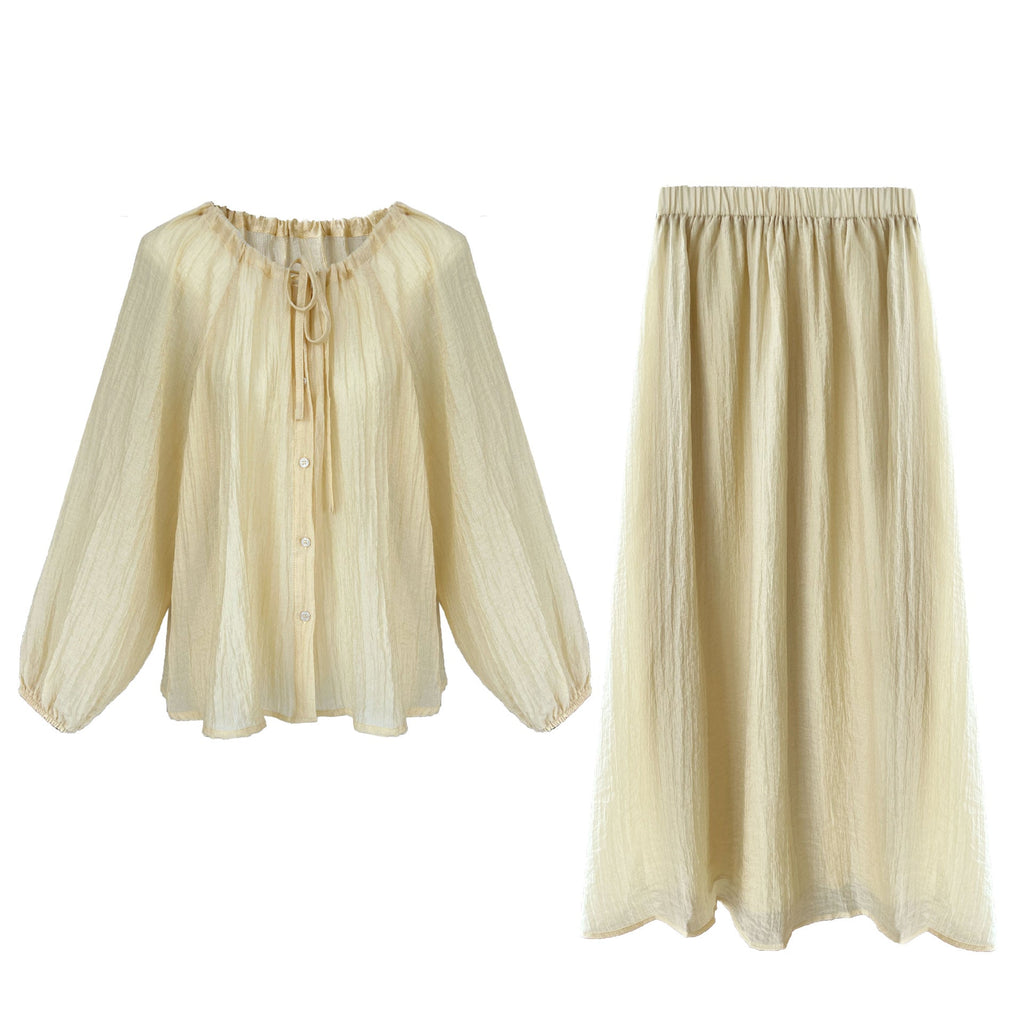 Gentle temperament, drawstring lace-up pleated sunscreen shirt + skirt two-piece resort-style set
