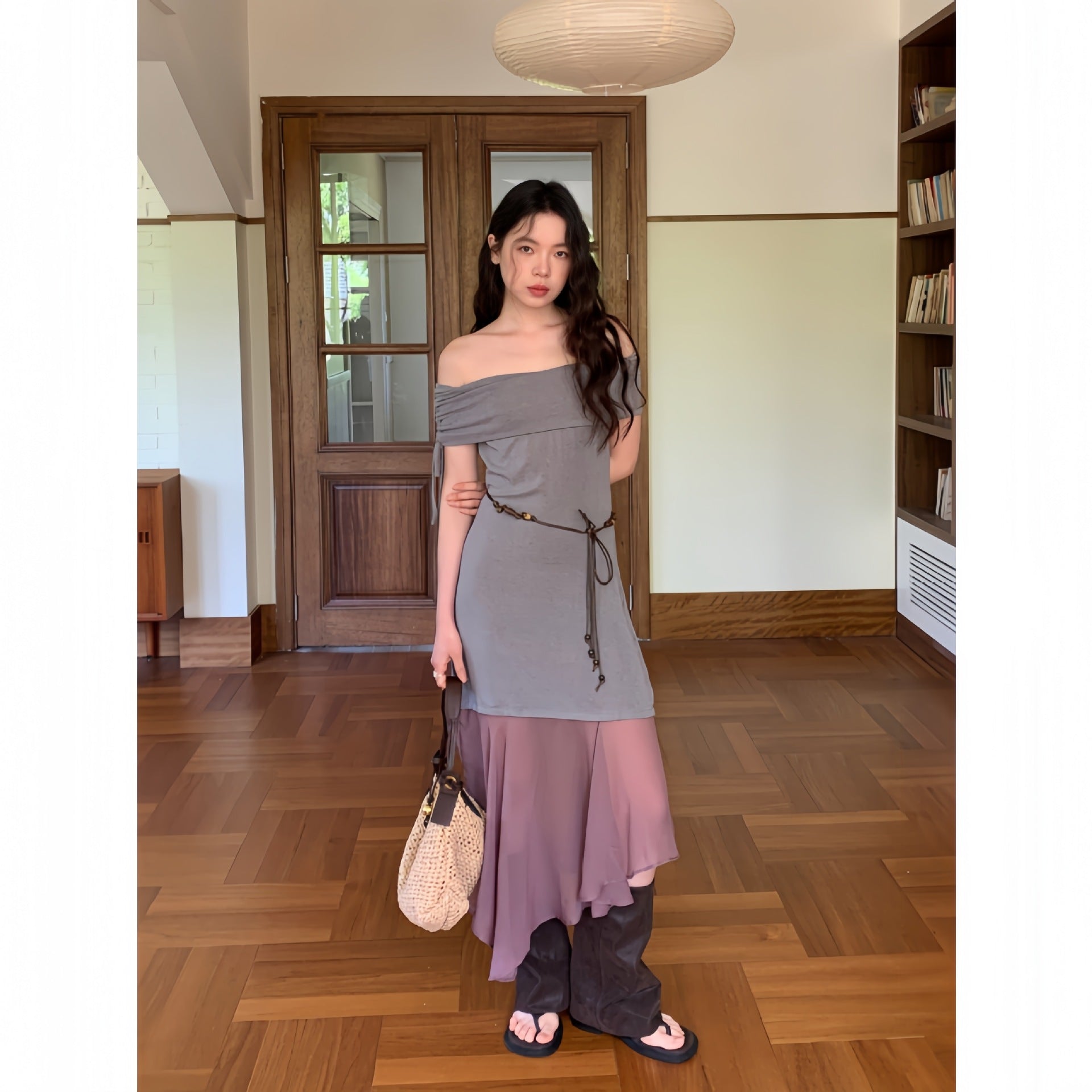 beautiful asymmetrical contrasting one-word shoulder dress