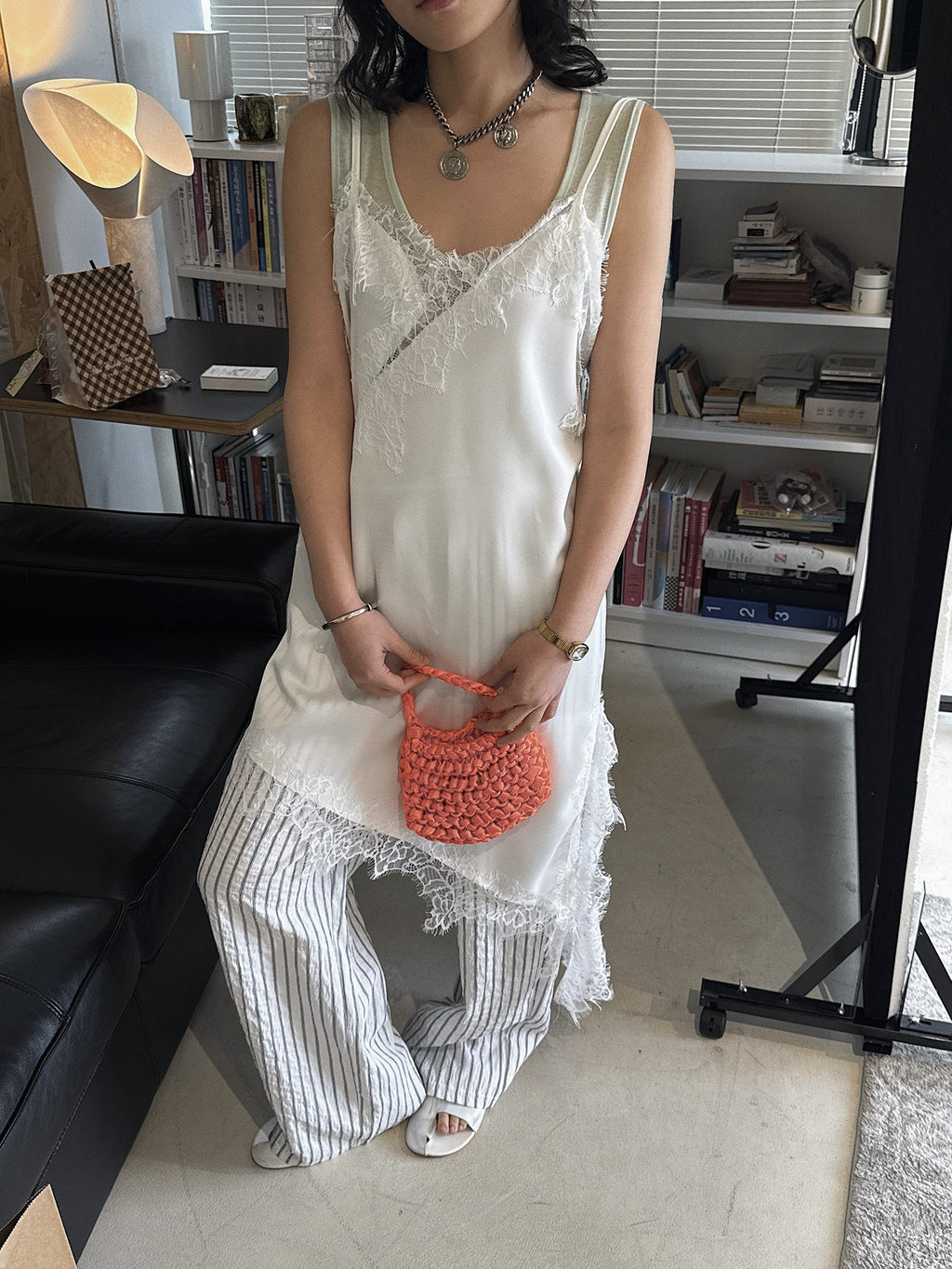 New French temperament V-neck eyelash lace slim primer suspender asymmetrical hem top women