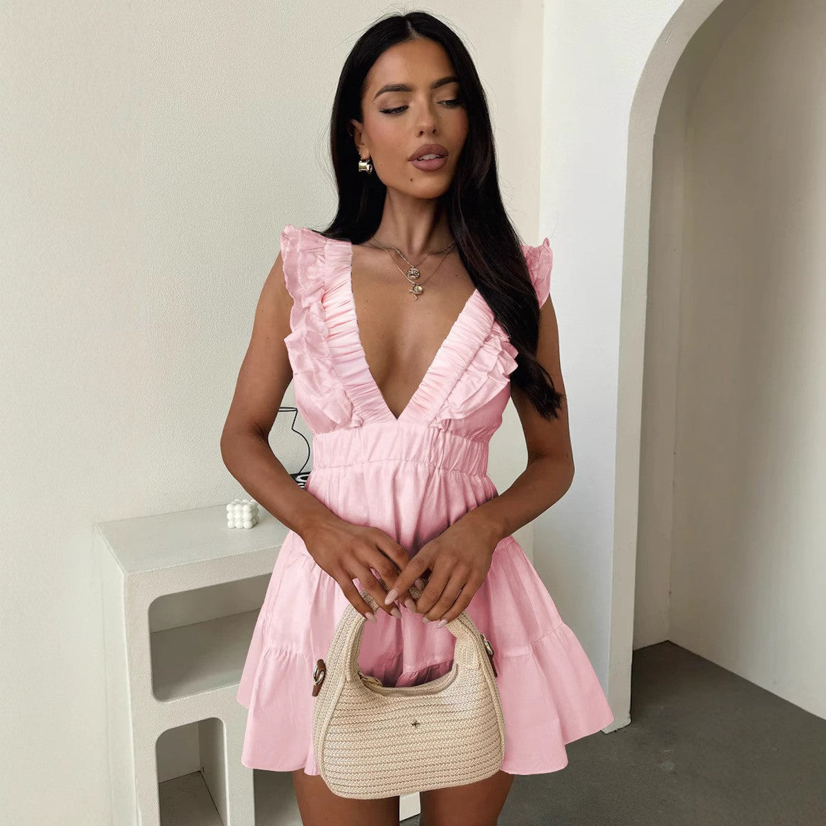Deep V-Neck Ruffle Cami Mini Dress