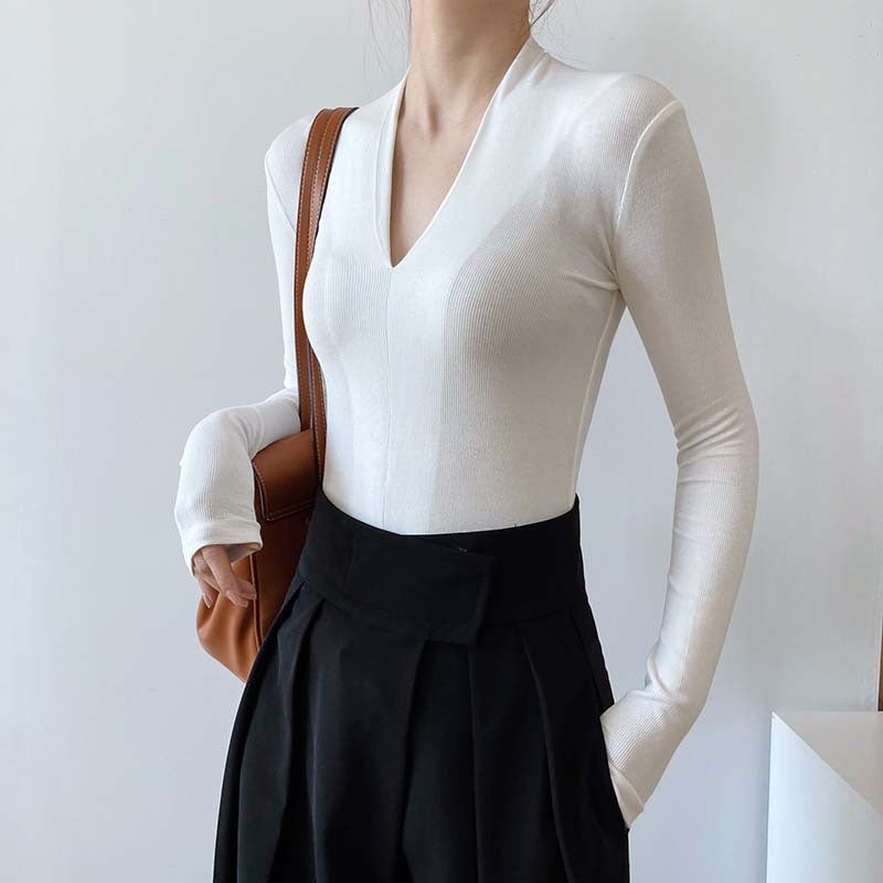 New Internet celebrity V-neck long-sleeved t-shirt female slim mind machine with bottoming shirt top