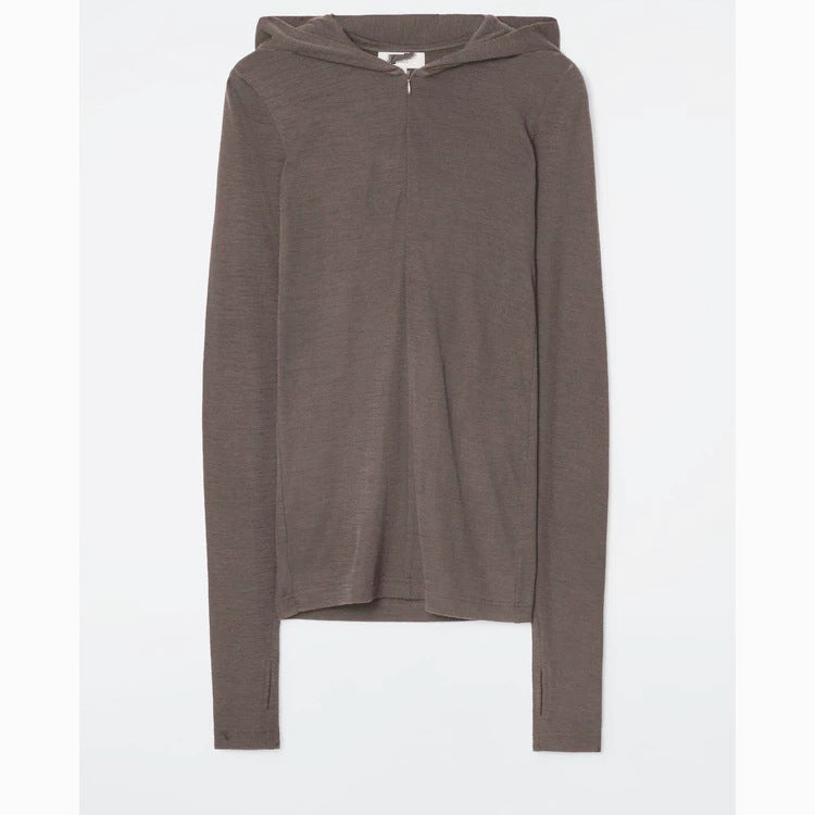 Hooded Long Sleeve Knit Top Women Slim Fit Half-Zip Pullover Sweater