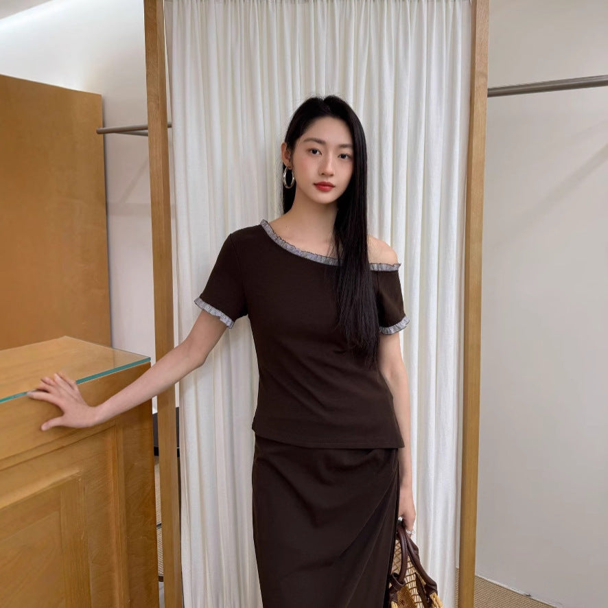 Pleated Skirt Slash Shoulder T-Shirt Two-piece Set