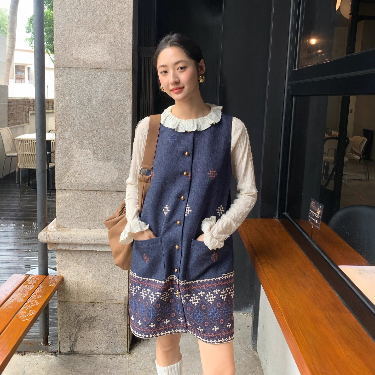 Women's Floral Embroidered Single-Breasted Sleeveless Vest Mini Dress