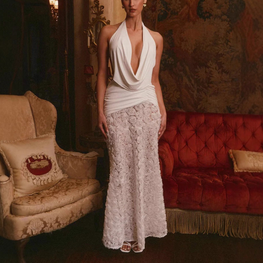 New fashionable and sexy backless European and American dress ins style three-dimensional flower suspender long dress dress