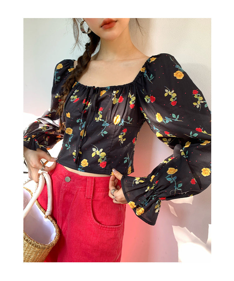 Fashion Slim Flared Sleeve Floral Short Top