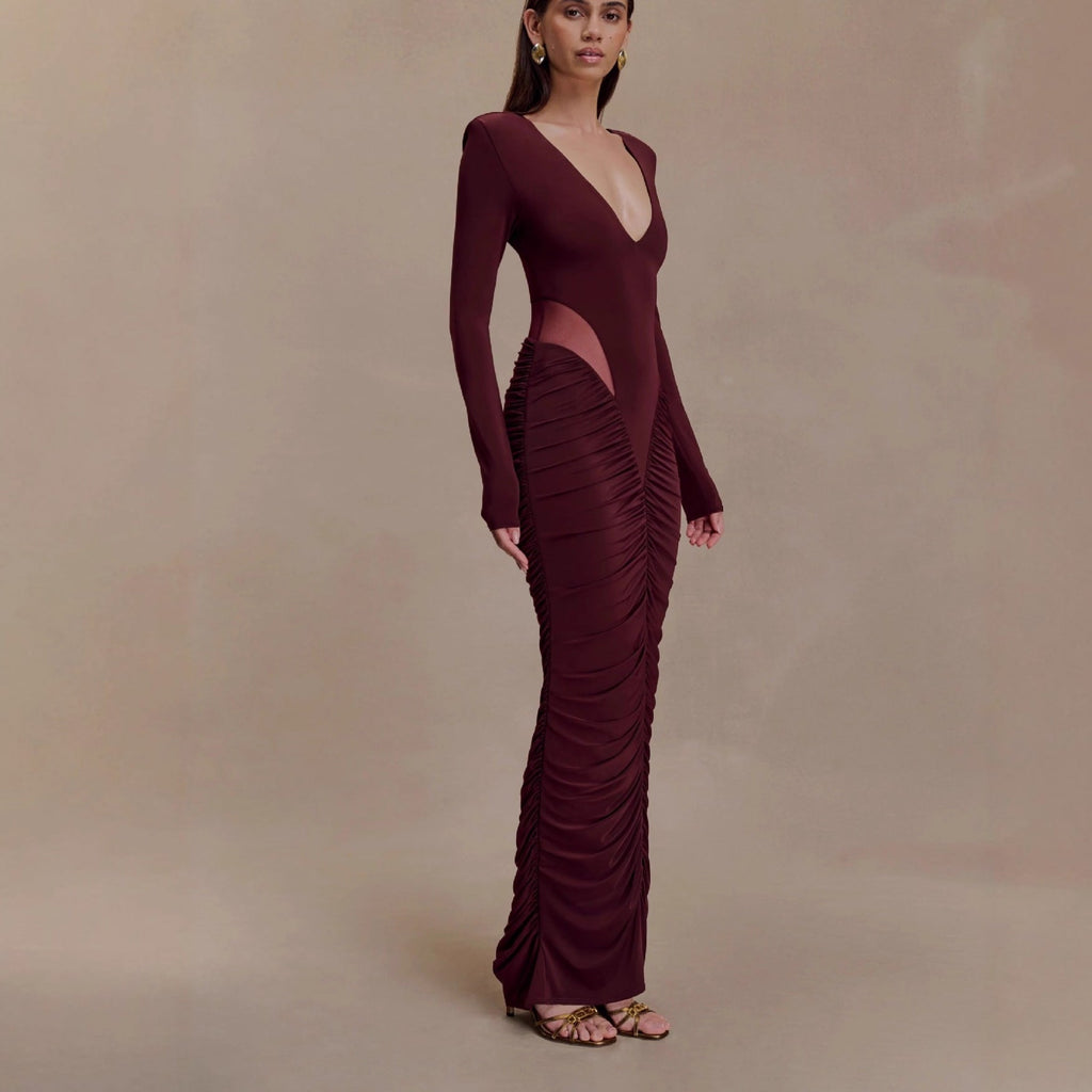 Fashion Sexy Spice Girl Hollow Pleated Long Sleeve Hip Wrap Skirt Slim Pure Desire Dress