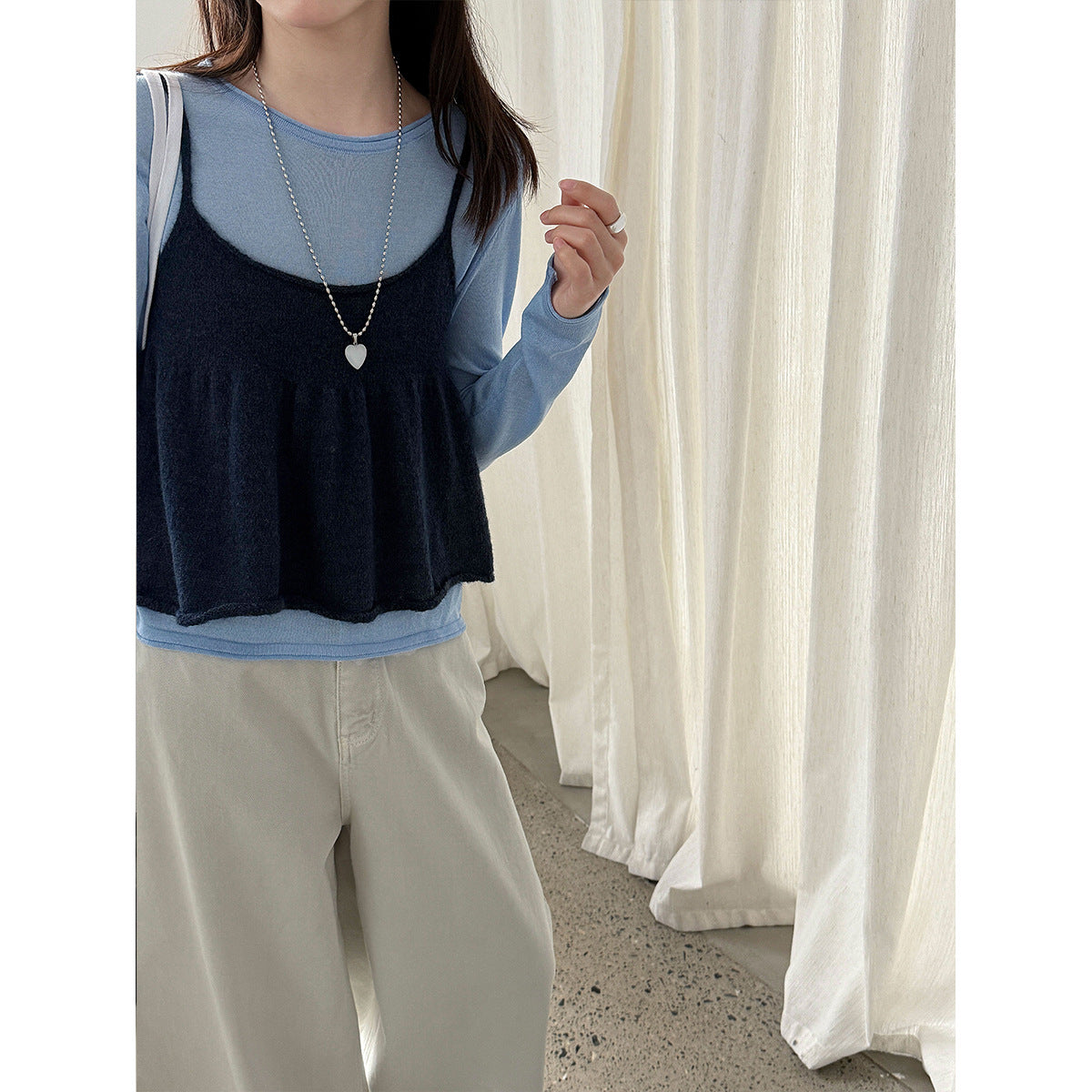 Korean gentle Tencel base + wool sling vest stacked through two-piece set