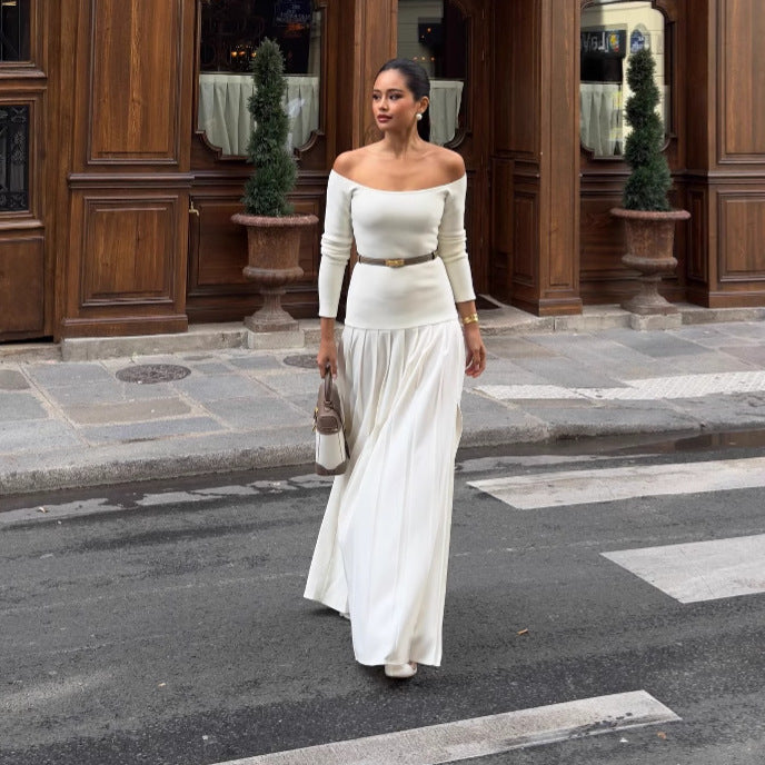 Slit maxi skirt slim dress stylish gentle style pleated skirt