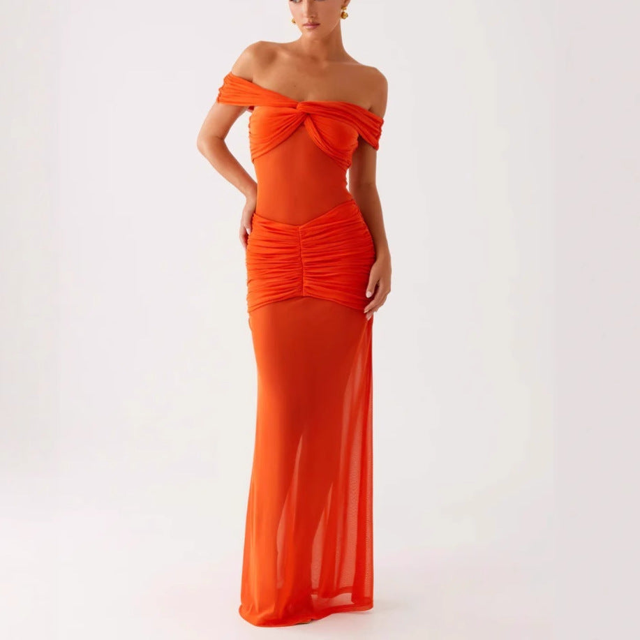 Women's new fashionable and sexy mesh tube top skirt slim-fitting one-word shoulder dress women