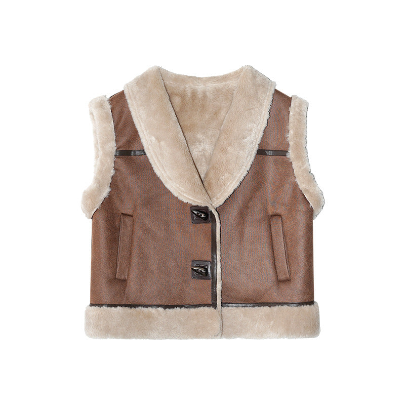 Plush horn buckle fur one-piece vest jacket