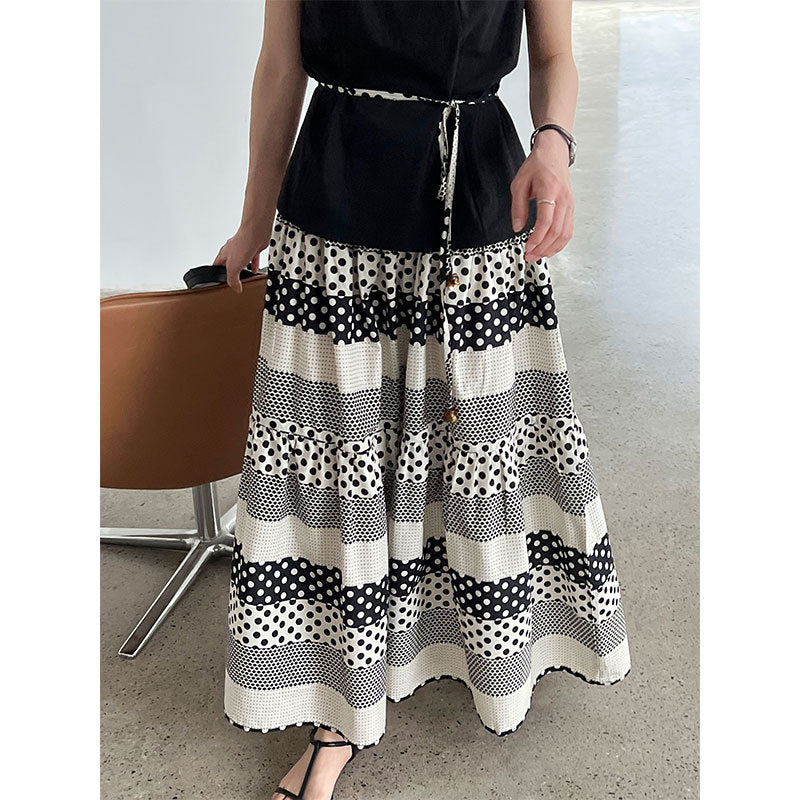 Korean simple flying sleeve top summer new polka dot contrasting color splicing skirt set
