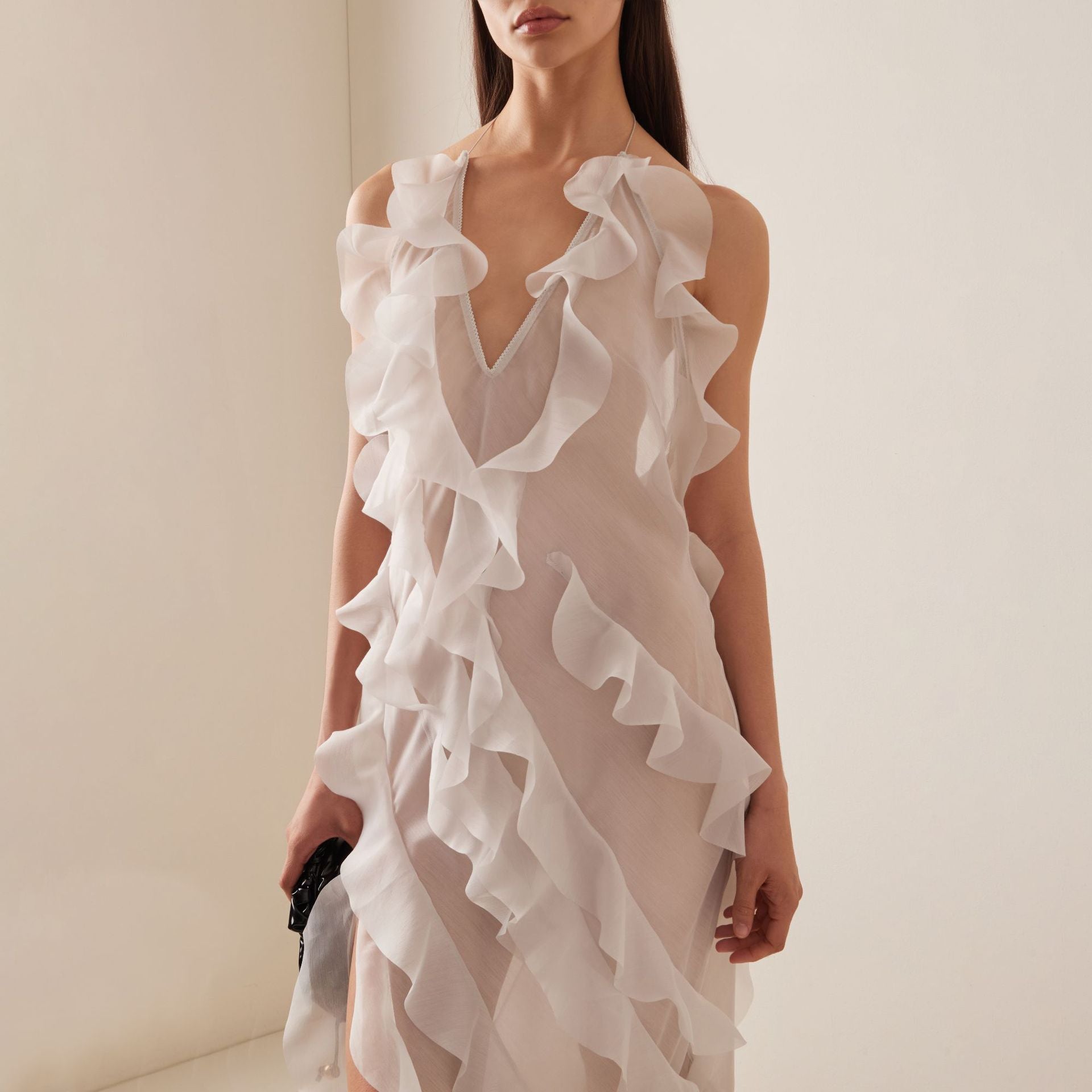 Dress sexy deep V through meat suspender dress, high split ruffle edge cake dress