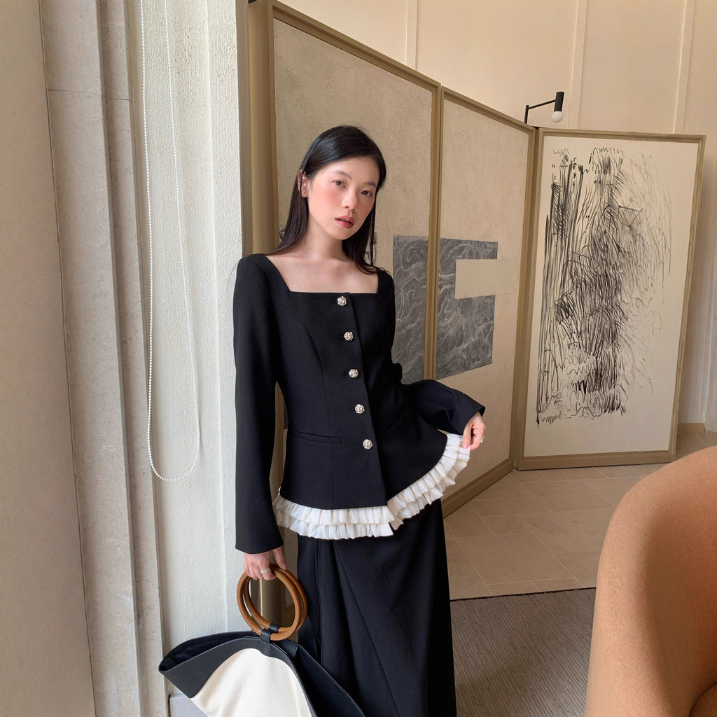 Autumn French Hepburn temperament lace splicing single-breasted square collar jacket