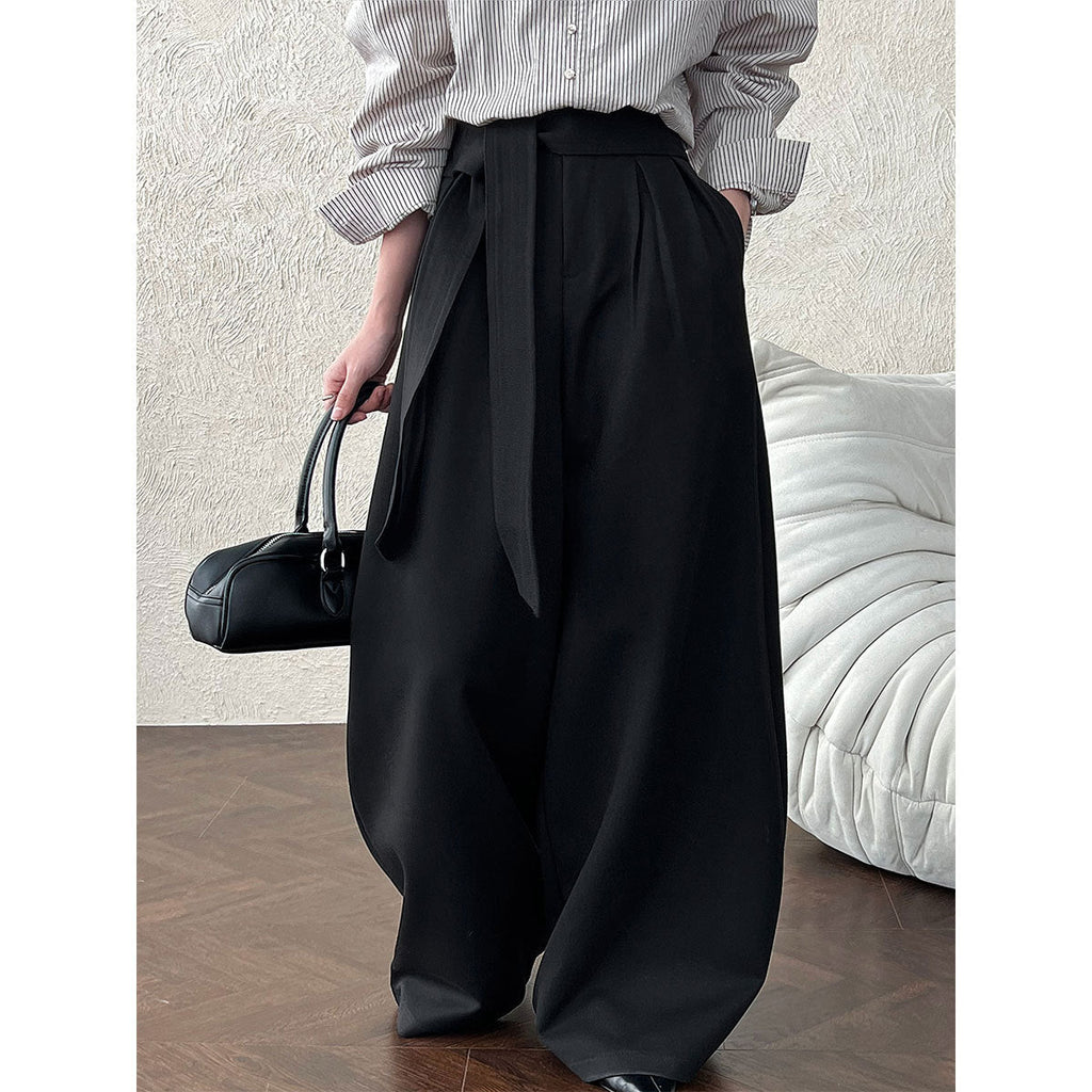 Vintage design straps three-dimensional pleated wide-leg pants autumn casual straight trousers