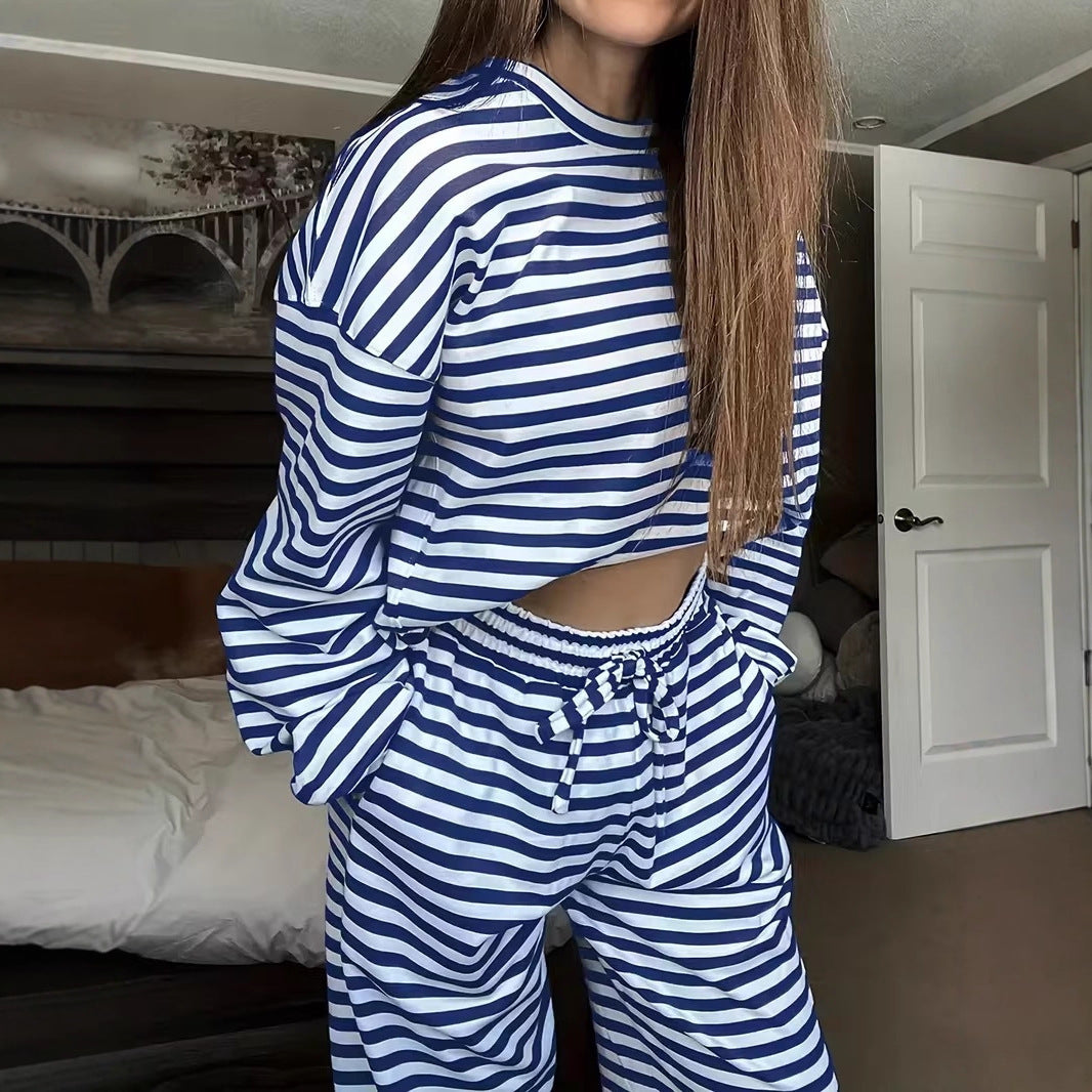Striped Casual Two-Piece Set Women Long Sleeve Top High Waist Pants