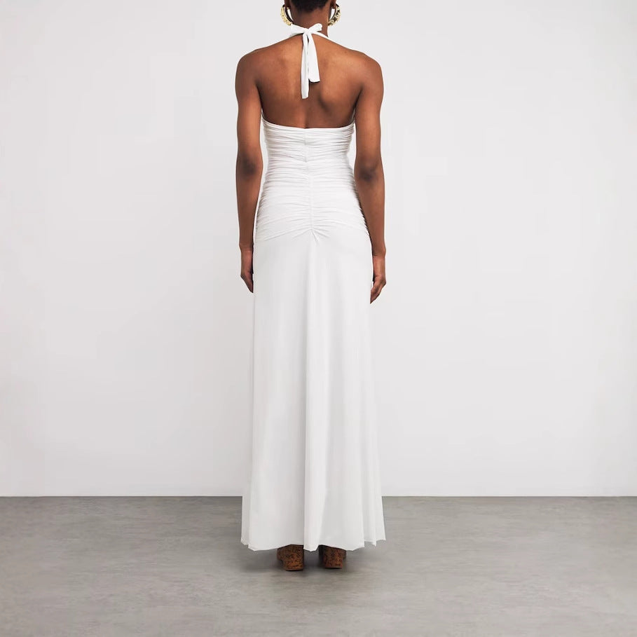 Women's new solid color elegant neck deep V waist long dress sexy backless pleated dress women