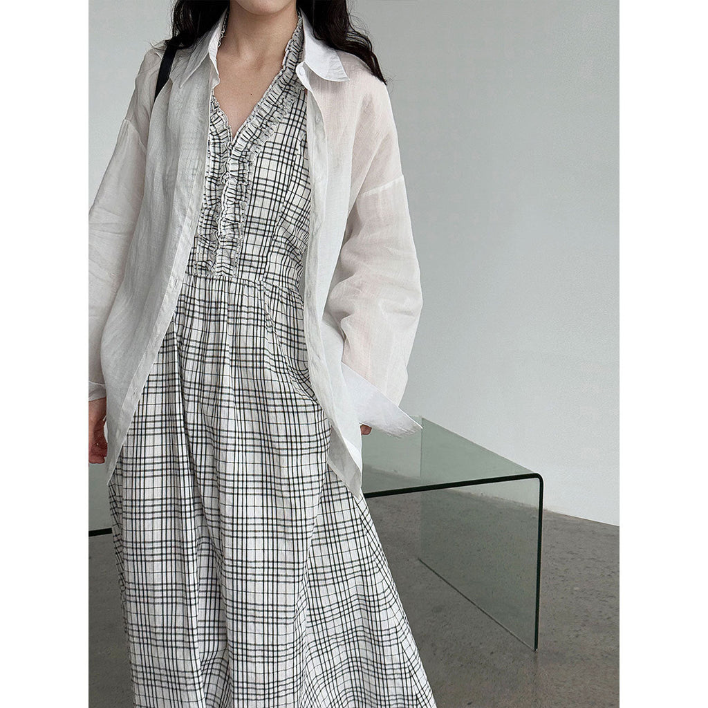 Korean plaid neck lace backless dress summer vacation style waist thin dress