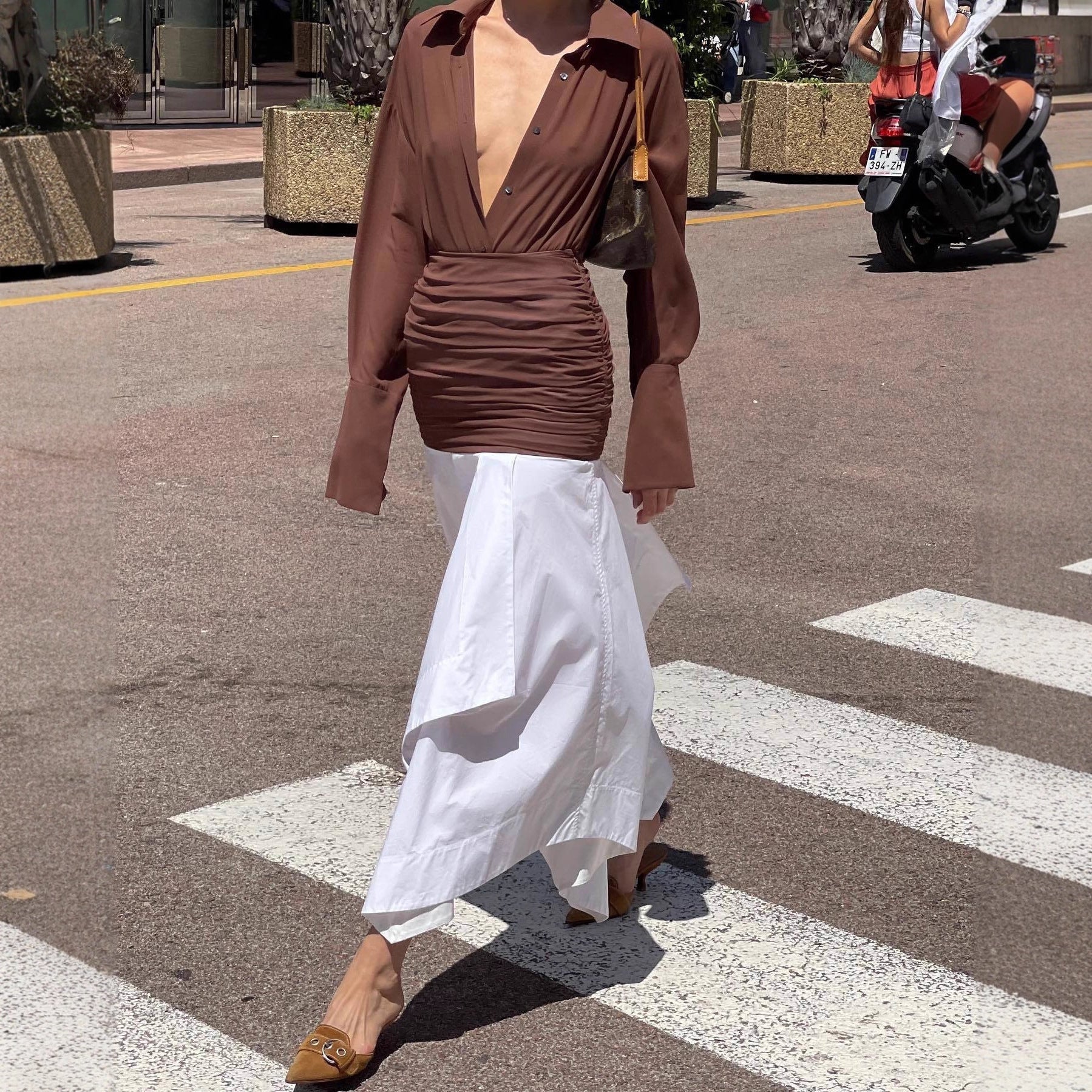 Fashion stitching irregular long dress pleated waist sexy dress