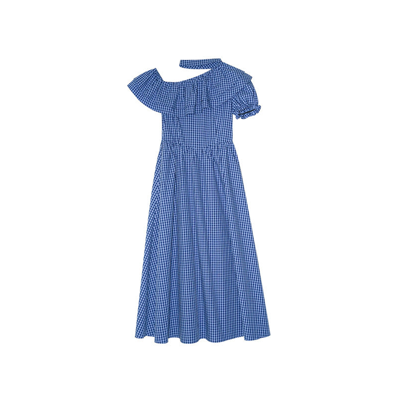 Temperament slanted shoulder ruffle edge neck plaid dress