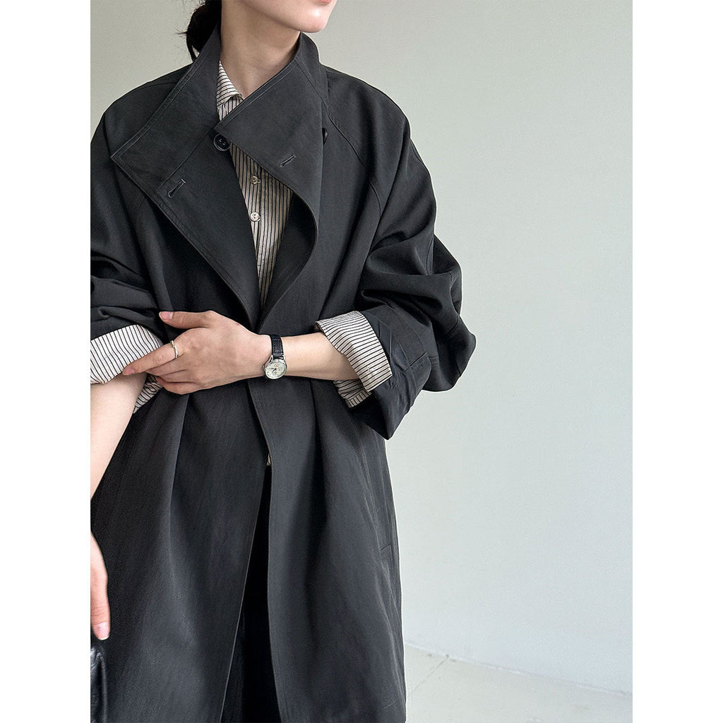 British style stand-up collar silhouette cargo jacket women's autumn new lace-up midi casual trench coat