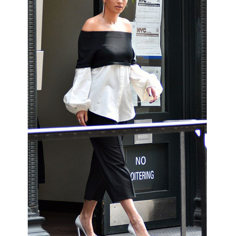 White shirt women's pullover splicing one-word shoulder loose long-sleeved T-shirt fake two-piece top