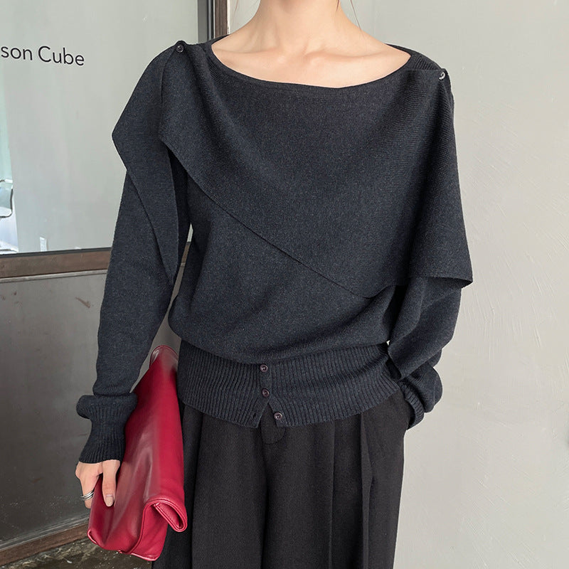 French temperament slanted shoulder slimming knitwear autumn and winter design shawl sweater