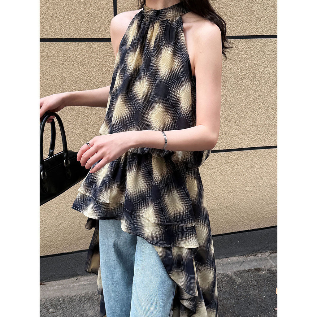 Korean design sense niche neck plaid dress women's summer new irregular thin dress