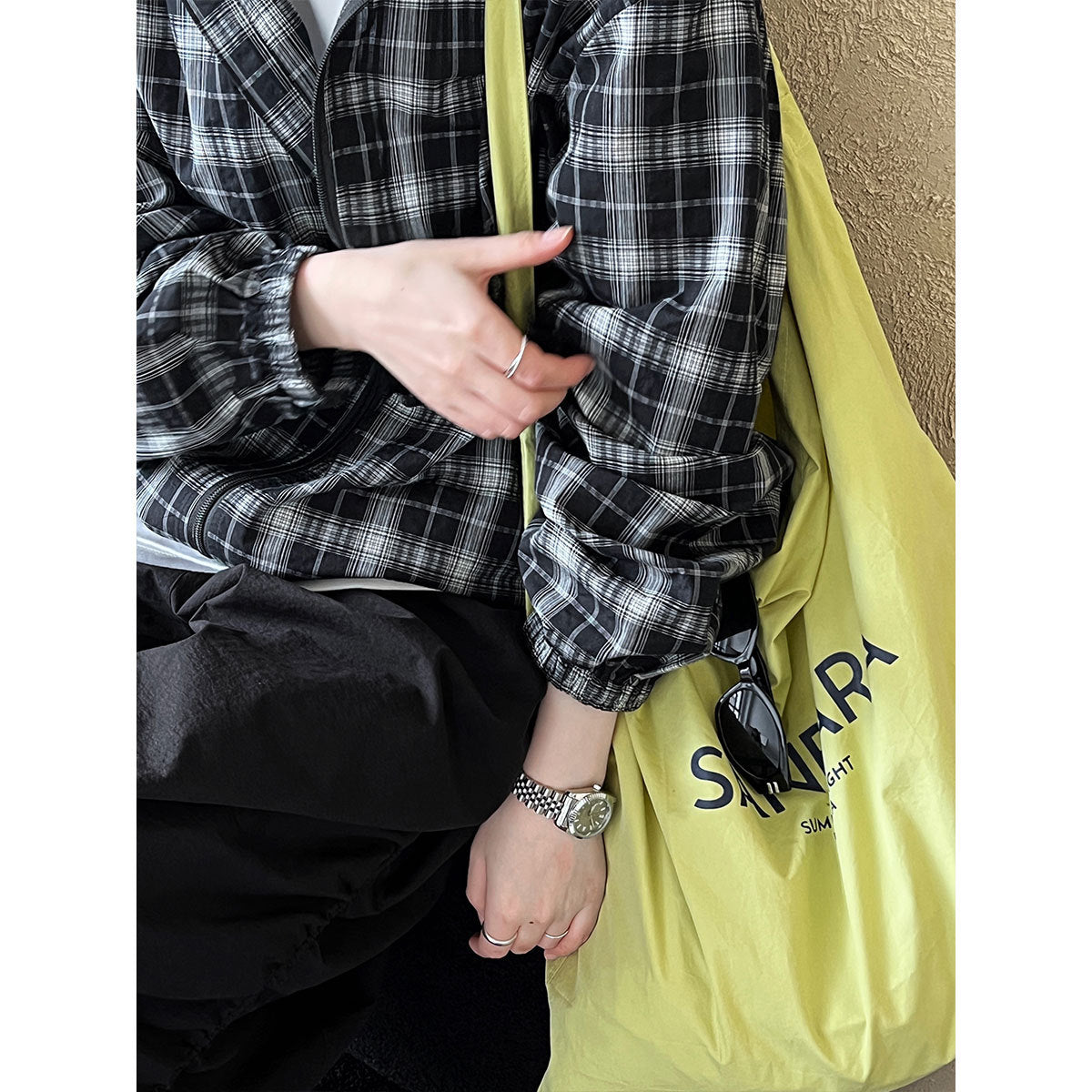 Vintage contrasting plaid jacket women's 2024 autumn new long-sleeved loose drawstring hooded top