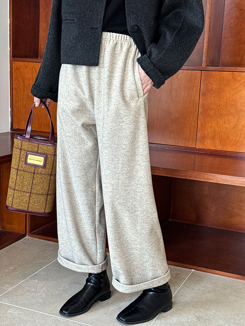 Korean version autumn and winter imitation cashmere grandma pants nine-point wide-leg pants elastic waist wool woolen pants women