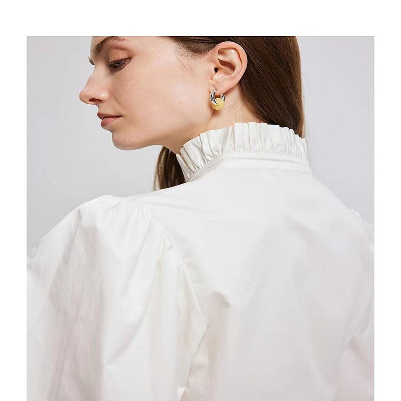 Silk white ruffle collar bubble sleeve shirt