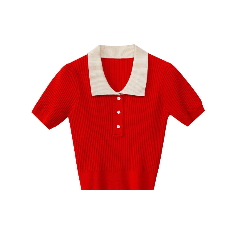 College Fashion Commuter Lapel Short Sleeve Knitwear
