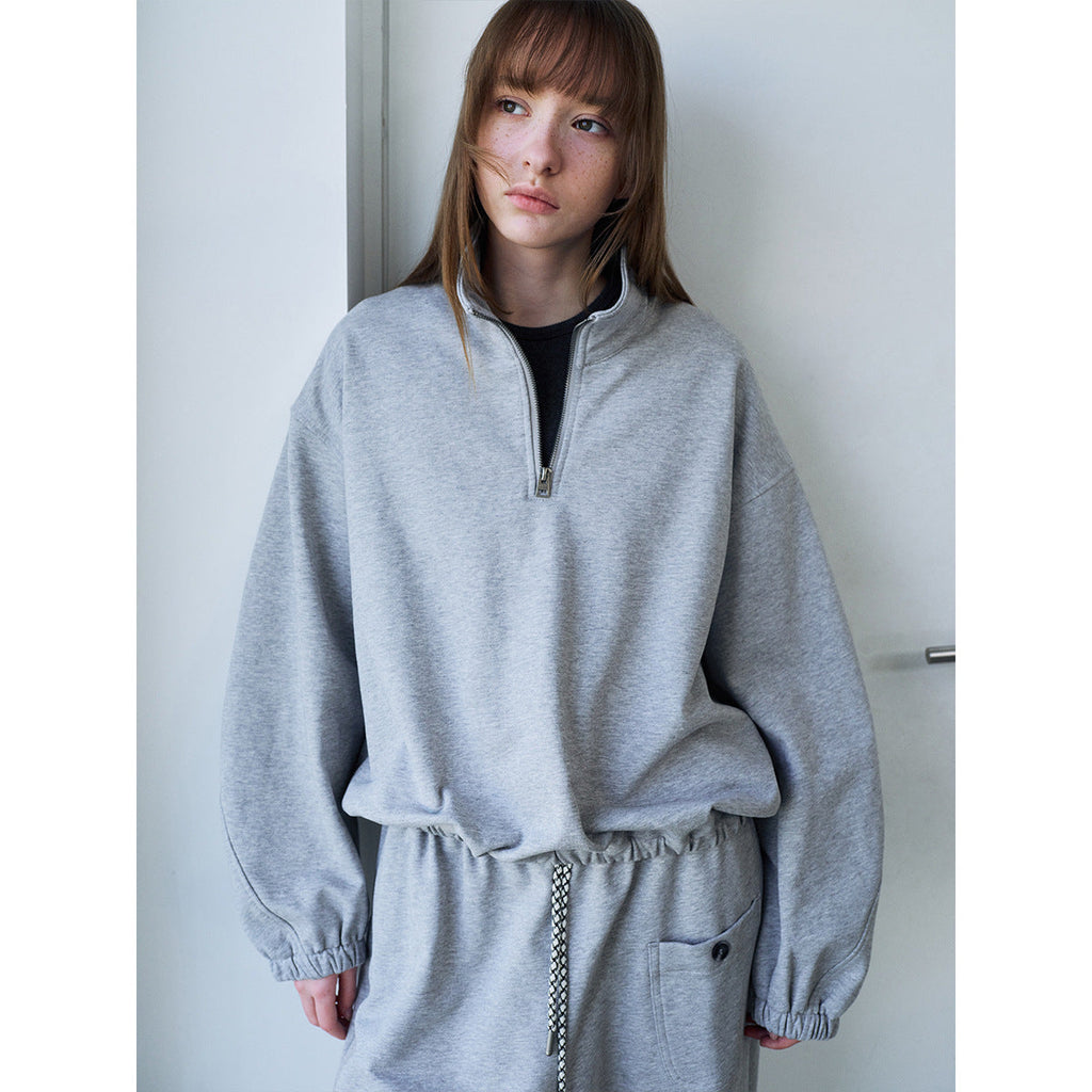 Spring new casual pure cotton stand-up collar easy versatile curved sleeve half zipper sweater