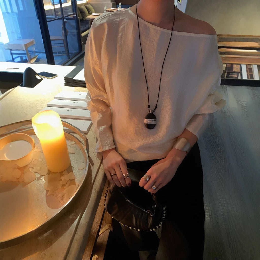 Early spring French celebrity temperament light luxury Tencel satin slanted shoulder shirt