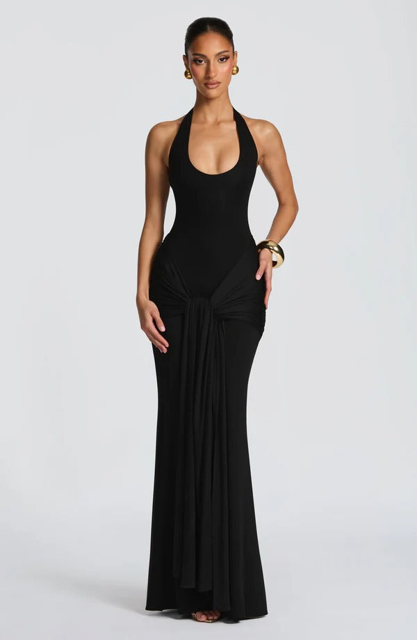 New fashion streamer splicing suspender long dress slim-fitting hip-wrapped European and American style neck dress dress