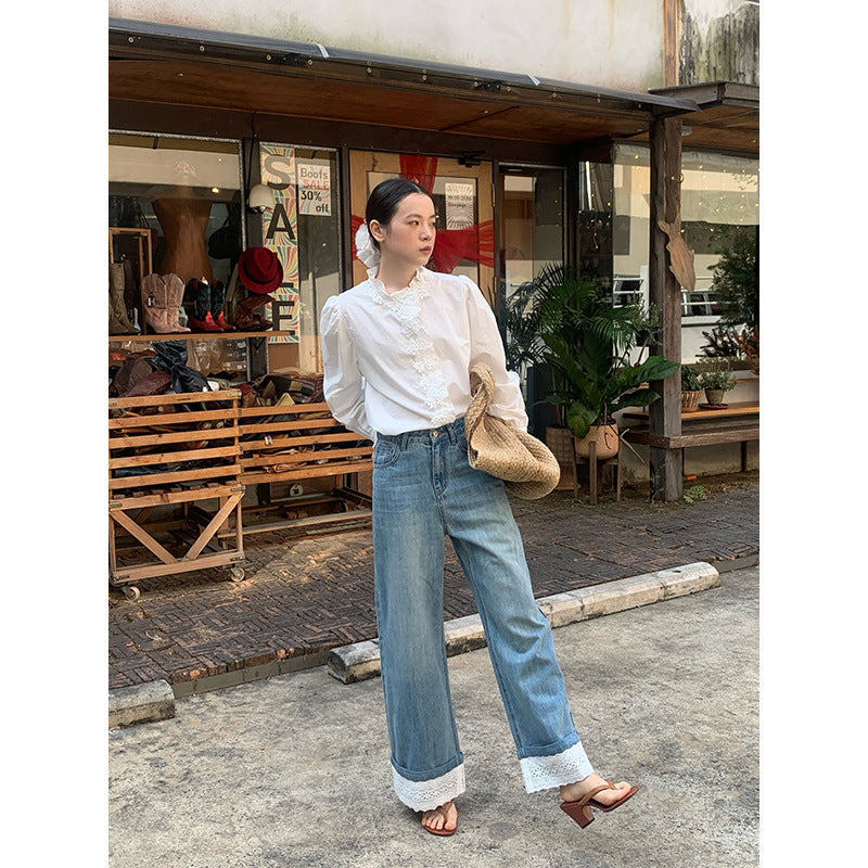 Pre-spring French lace rolled up fashion wide-leg straight jeans