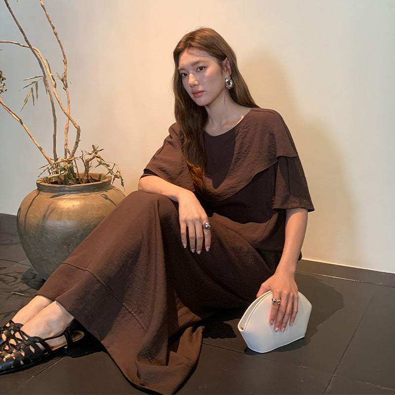 Temperament ruffle edge short-sleeved shirt + drawstring skirt two-piece set minimalist style suit spring and summer