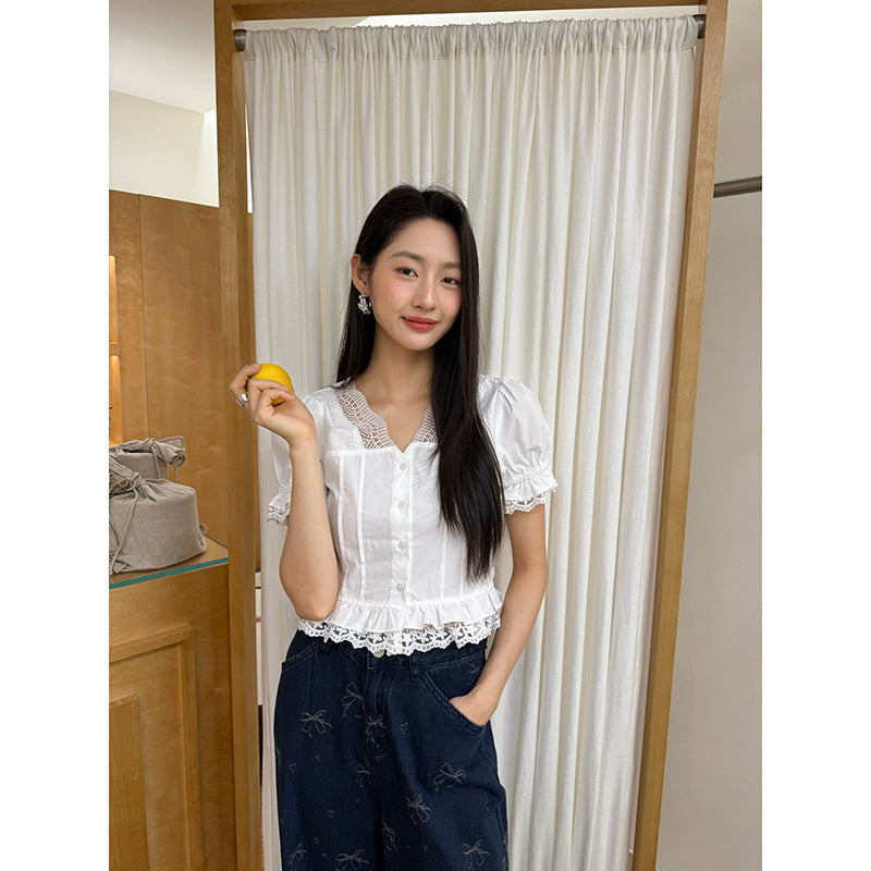 French Lace Trim V-Neck Puff Sleeve Cotton Shirt
